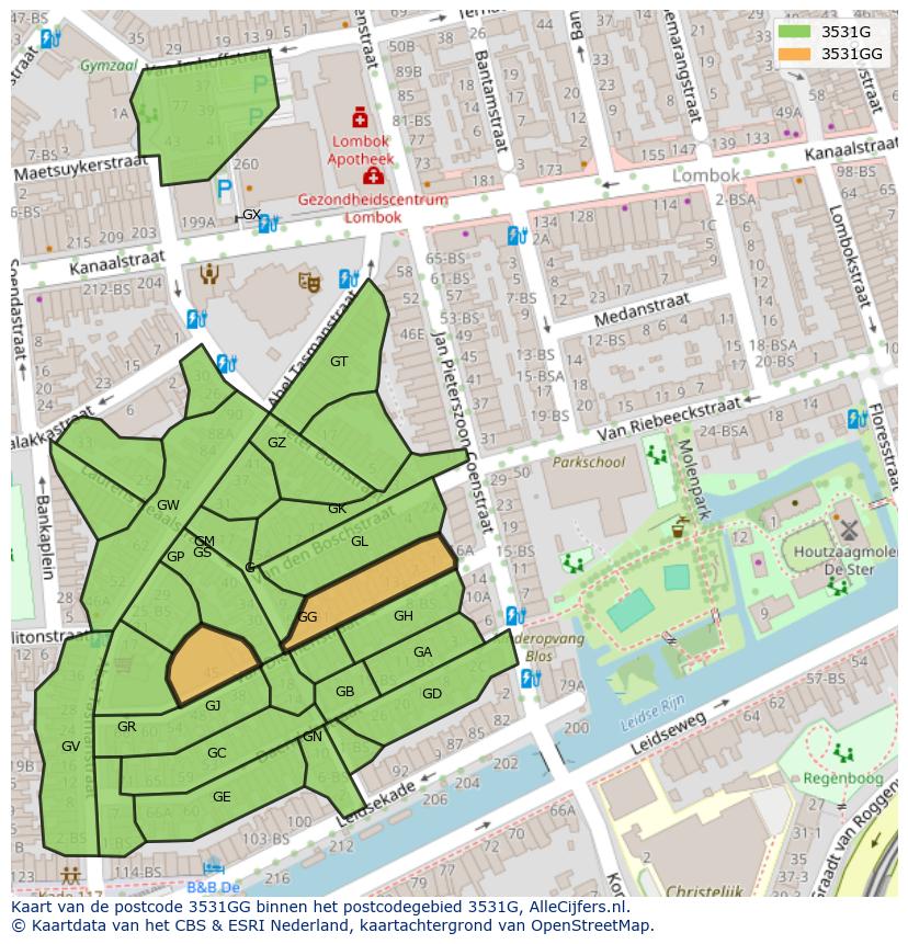 Afbeelding van het postcodegebied 3531 GG op de kaart.