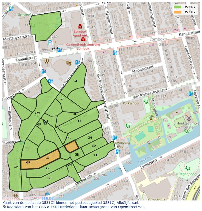 Afbeelding van het postcodegebied 3531 GJ op de kaart.