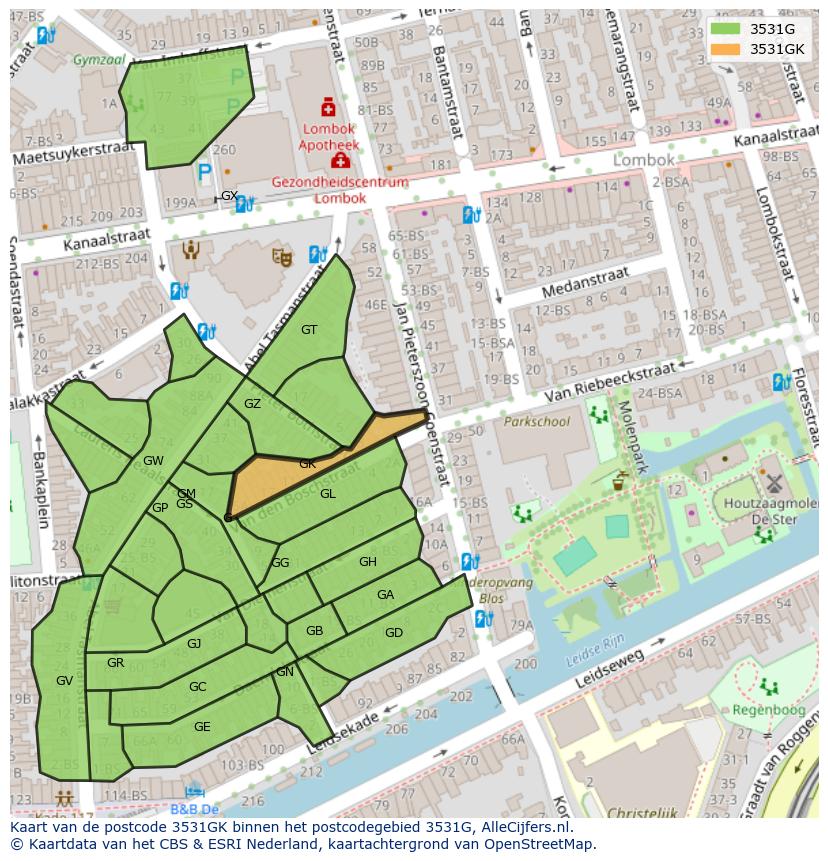 Afbeelding van het postcodegebied 3531 GK op de kaart.