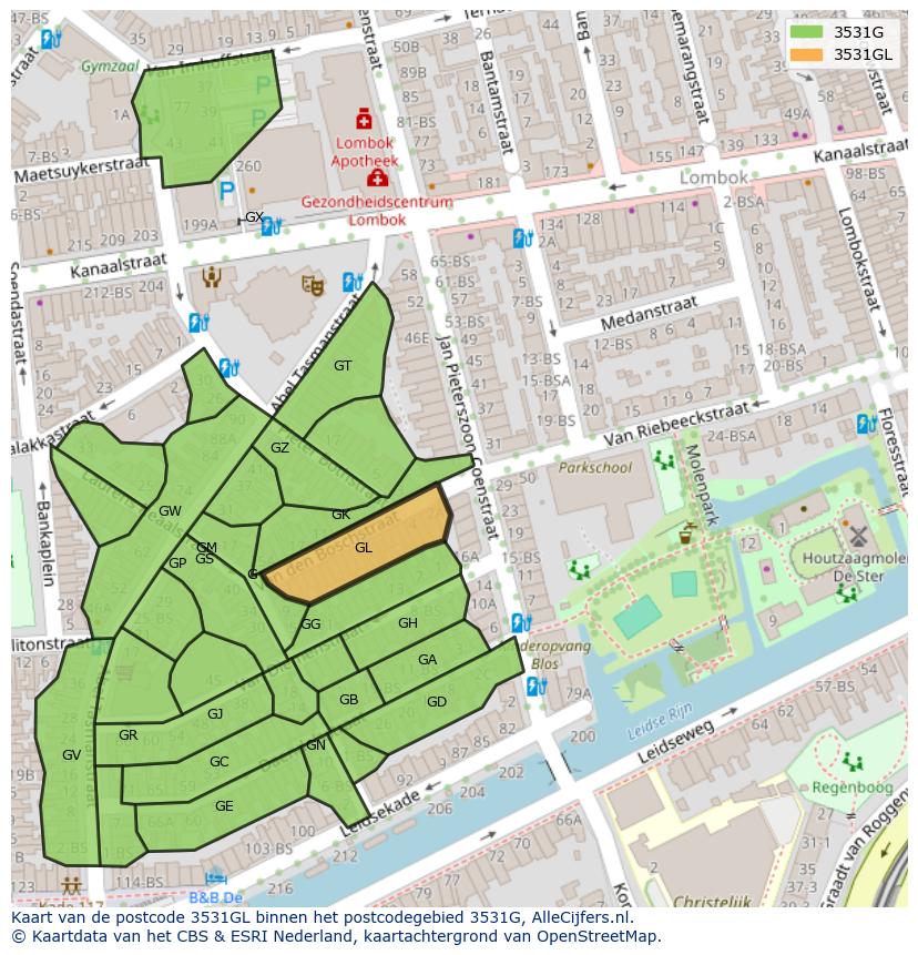 Afbeelding van het postcodegebied 3531 GL op de kaart.