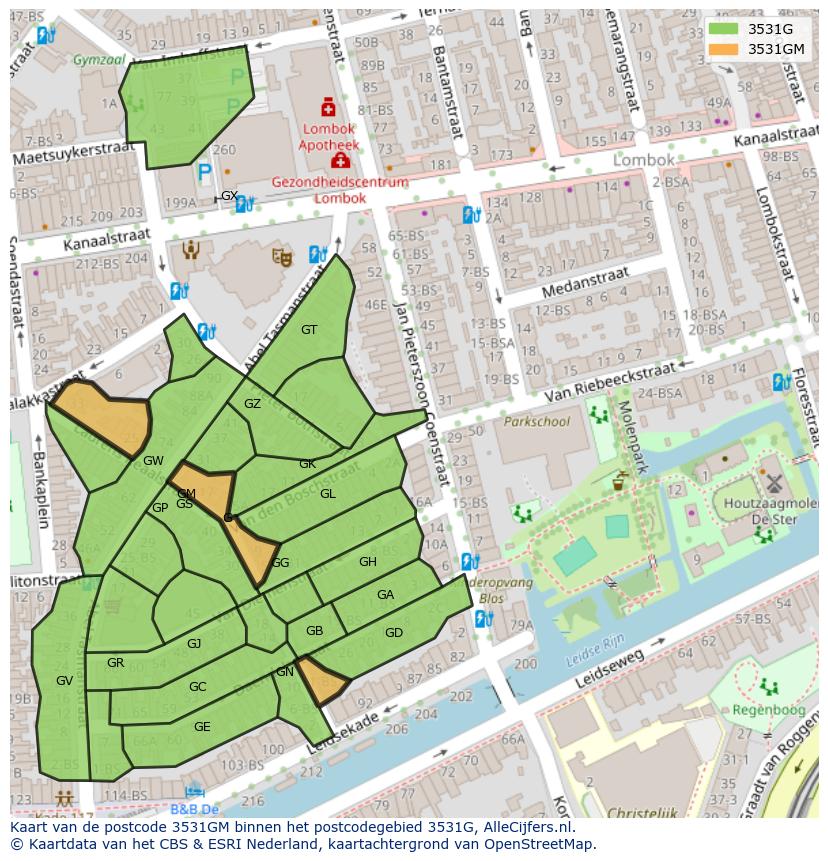 Afbeelding van het postcodegebied 3531 GM op de kaart.