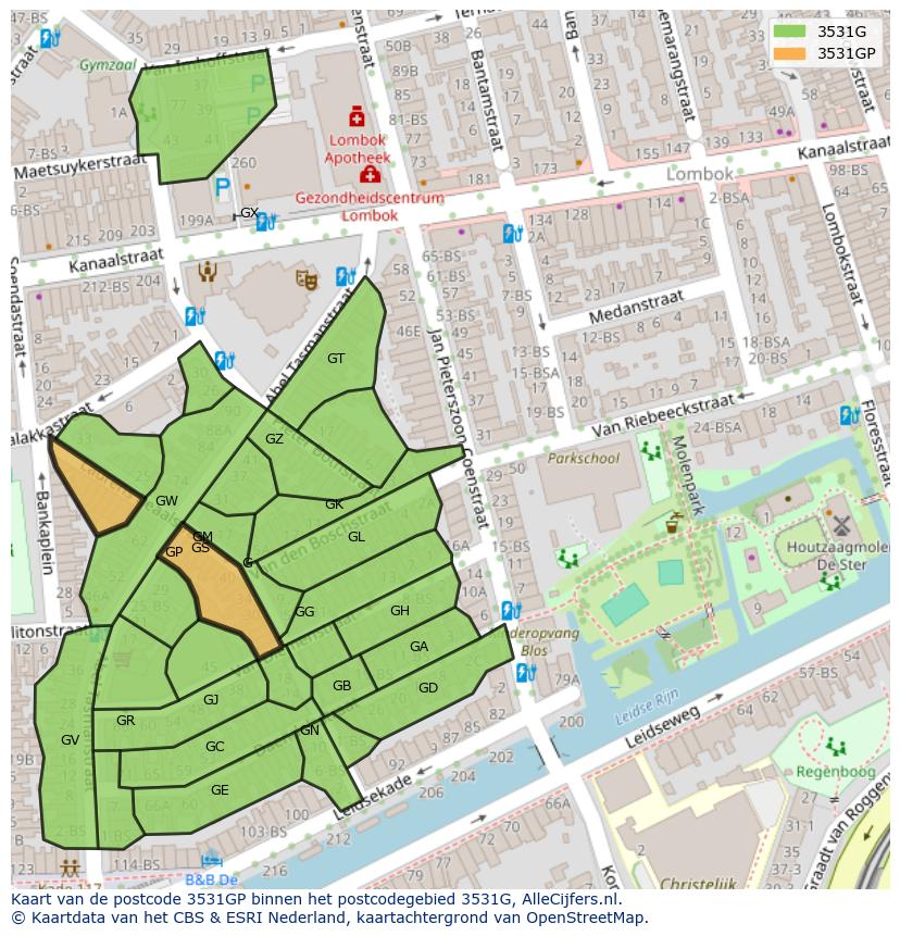 Afbeelding van het postcodegebied 3531 GP op de kaart.