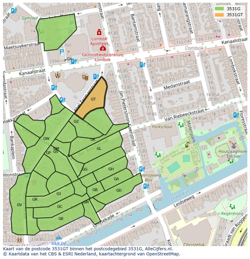 Afbeelding van het postcodegebied 3531 GT op de kaart.