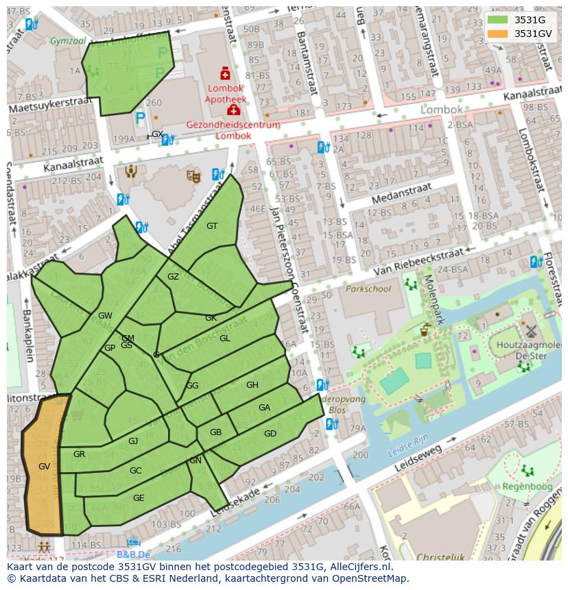 Afbeelding van het postcodegebied 3531 GV op de kaart.