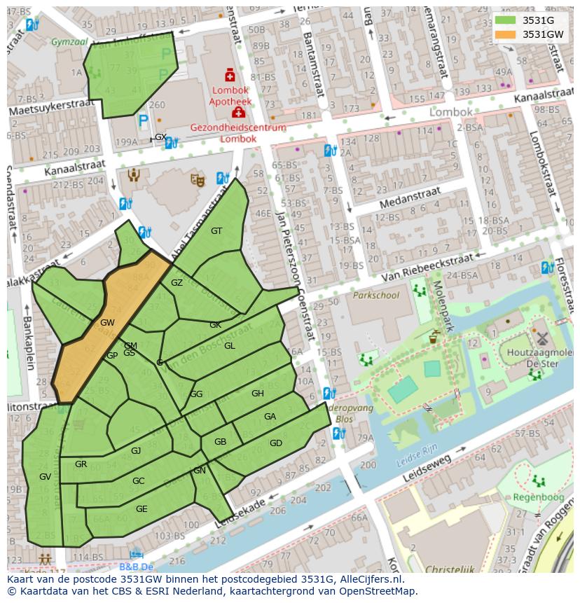 Afbeelding van het postcodegebied 3531 GW op de kaart.