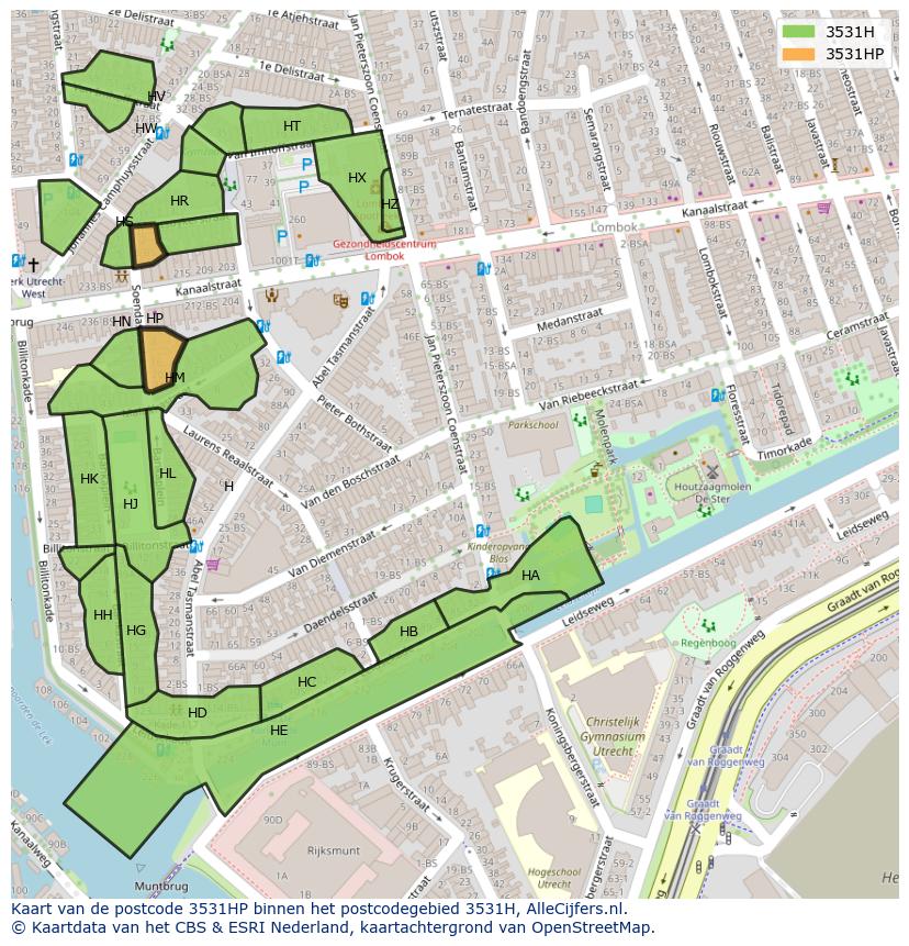 Afbeelding van het postcodegebied 3531 HP op de kaart.