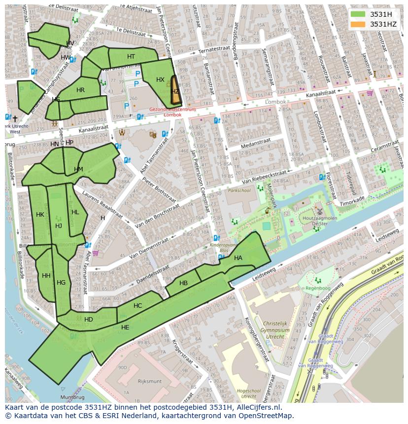 Afbeelding van het postcodegebied 3531 HZ op de kaart.