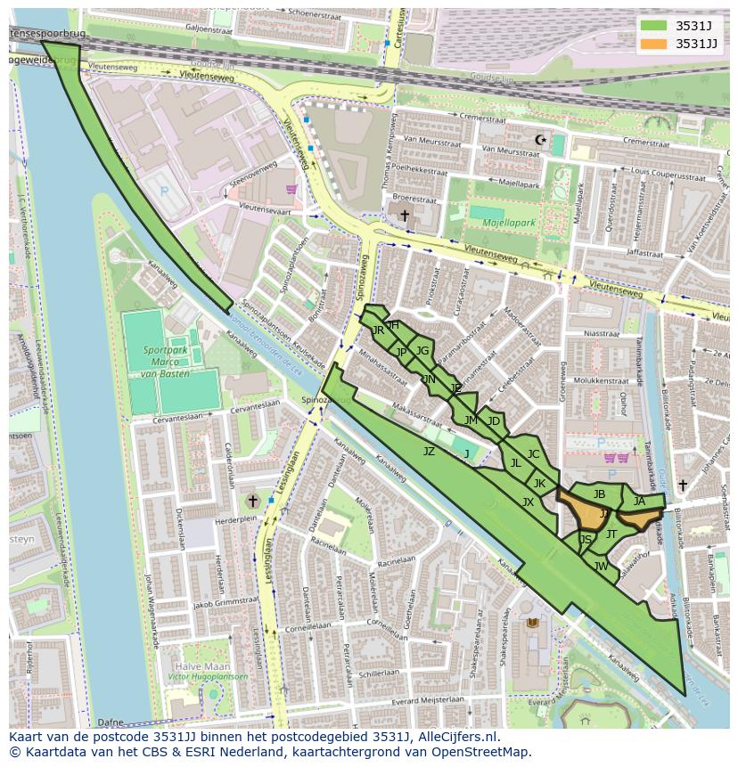 Afbeelding van het postcodegebied 3531 JJ op de kaart.