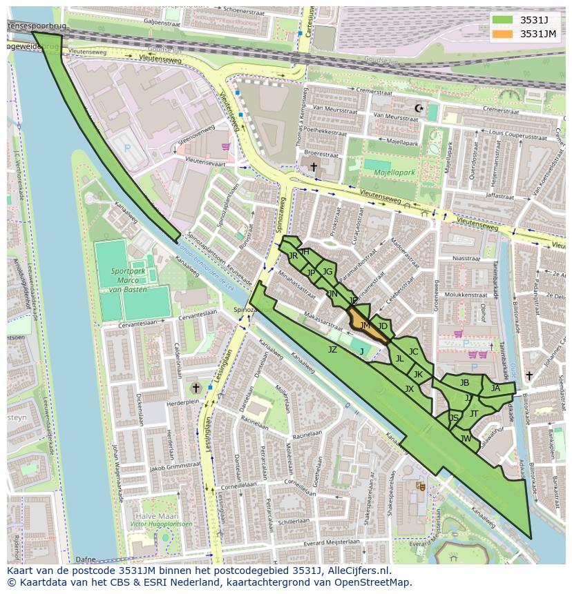 Afbeelding van het postcodegebied 3531 JM op de kaart.