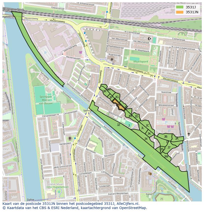 Afbeelding van het postcodegebied 3531 JN op de kaart.