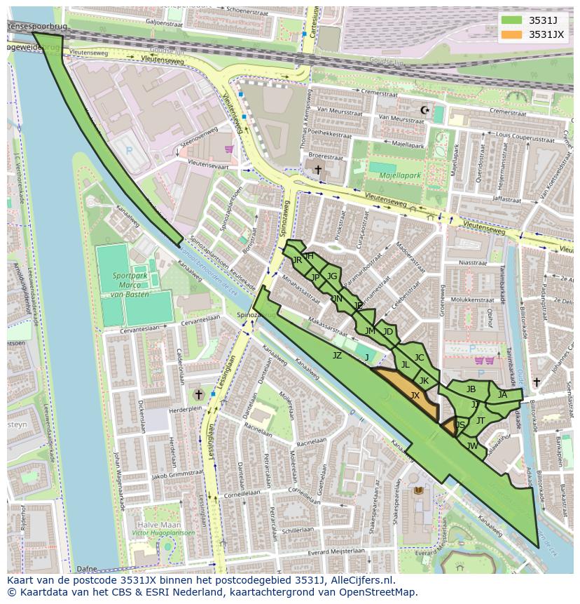 Afbeelding van het postcodegebied 3531 JX op de kaart.