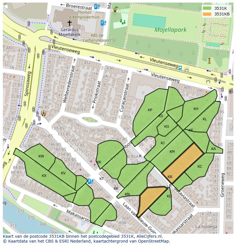 Afbeelding van het postcodegebied 3531 KB op de kaart.