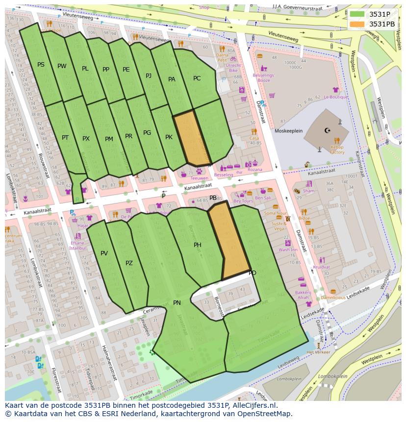Afbeelding van het postcodegebied 3531 PB op de kaart.
