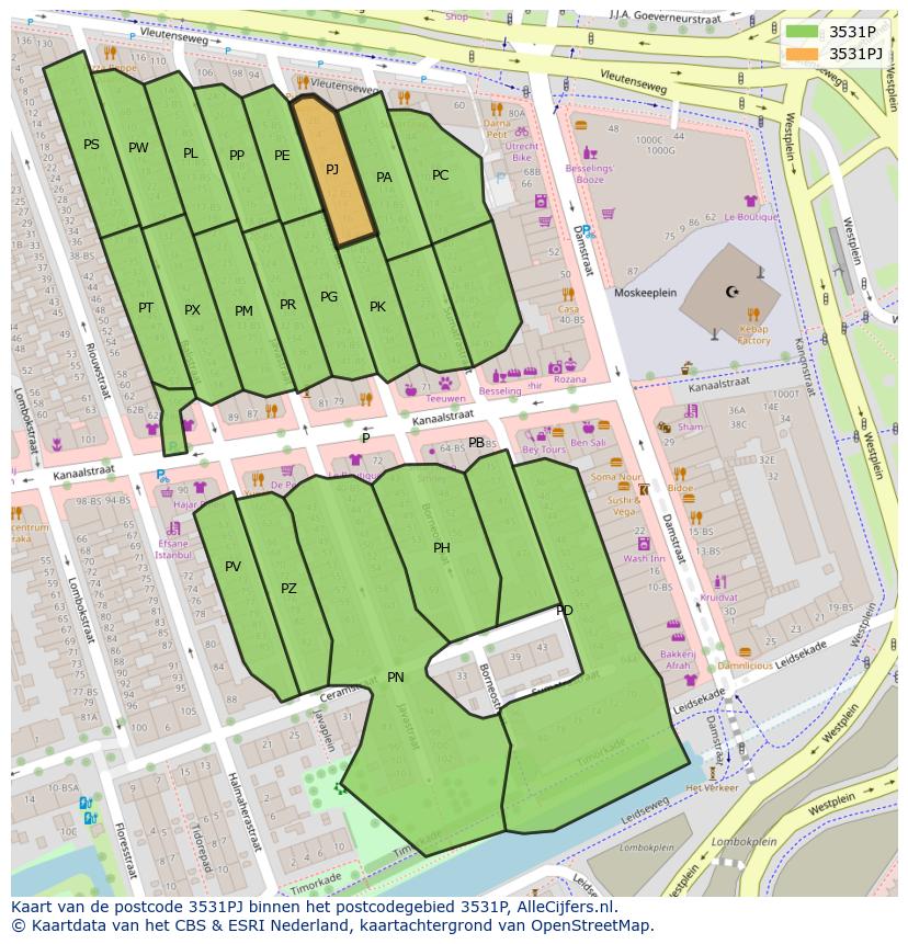 Afbeelding van het postcodegebied 3531 PJ op de kaart.