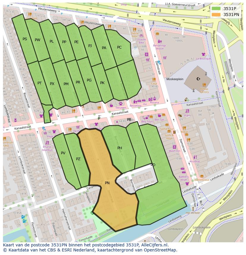 Afbeelding van het postcodegebied 3531 PN op de kaart.