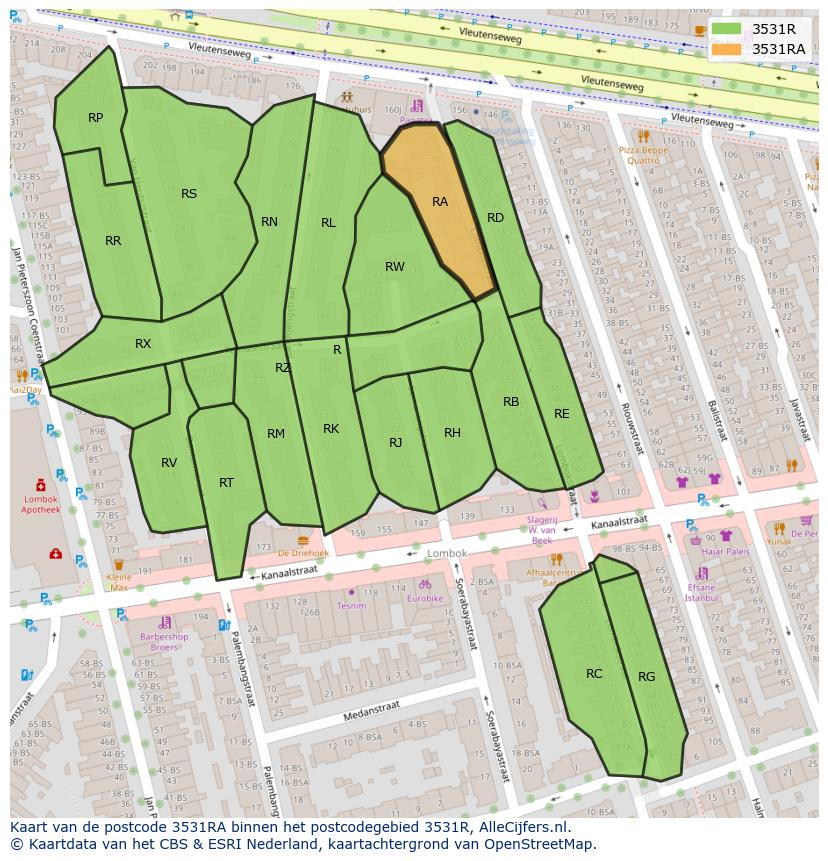 Afbeelding van het postcodegebied 3531 RA op de kaart.
