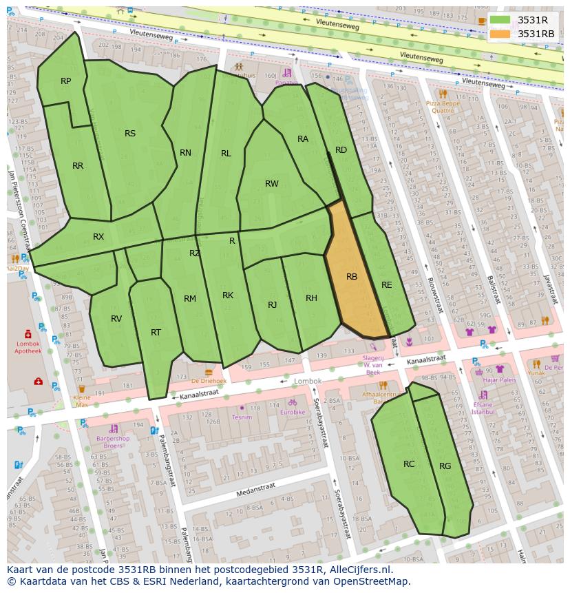 Afbeelding van het postcodegebied 3531 RB op de kaart.