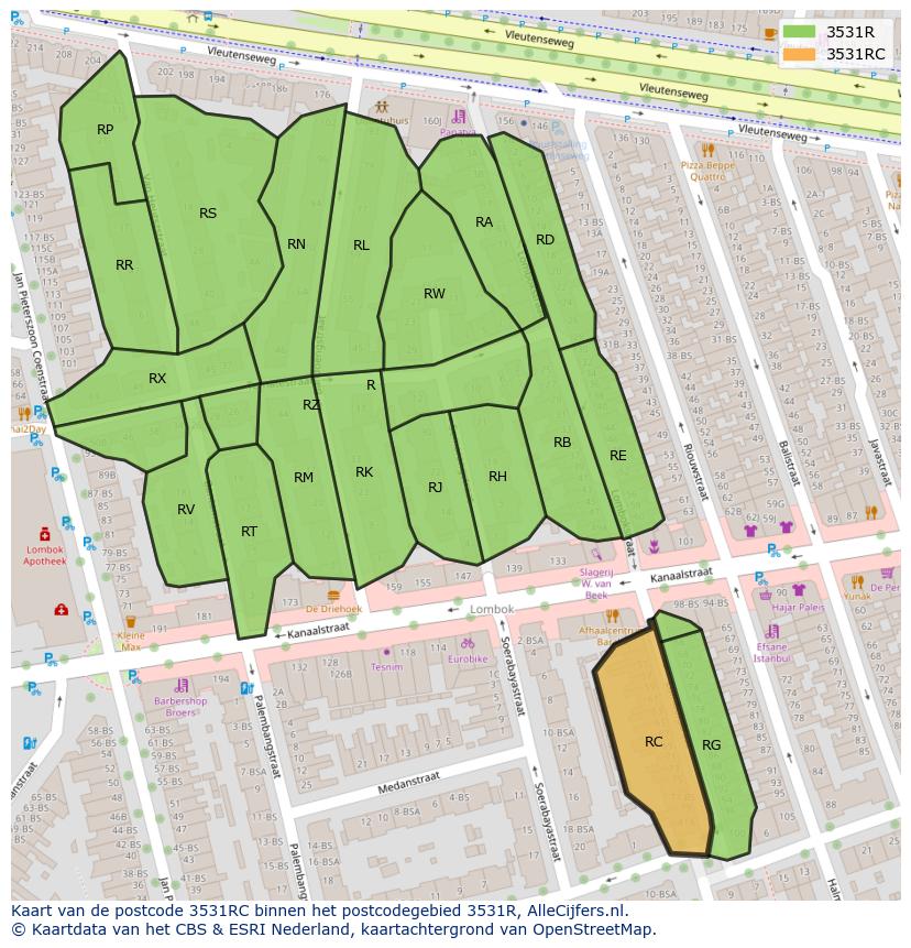 Afbeelding van het postcodegebied 3531 RC op de kaart.