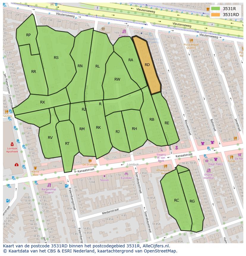 Afbeelding van het postcodegebied 3531 RD op de kaart.