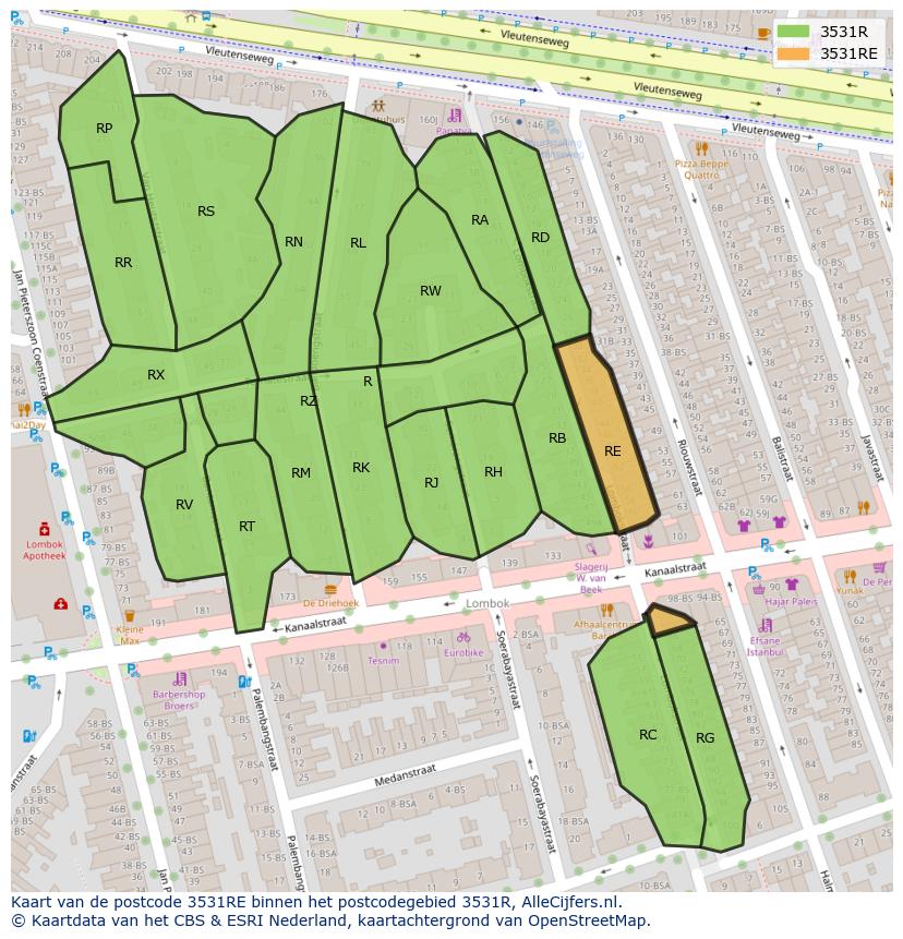 Afbeelding van het postcodegebied 3531 RE op de kaart.