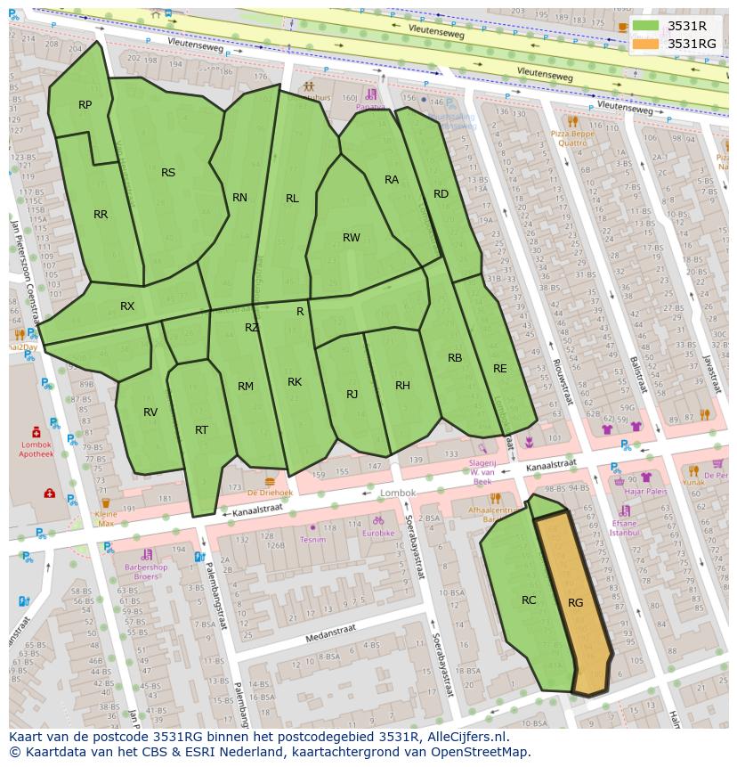 Afbeelding van het postcodegebied 3531 RG op de kaart.