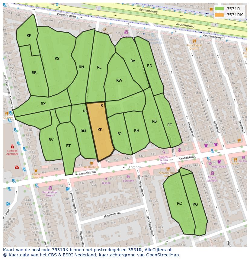 Afbeelding van het postcodegebied 3531 RK op de kaart.