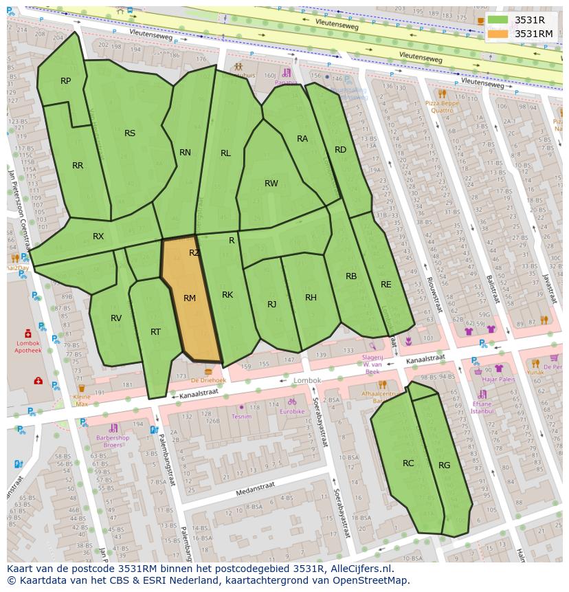 Afbeelding van het postcodegebied 3531 RM op de kaart.