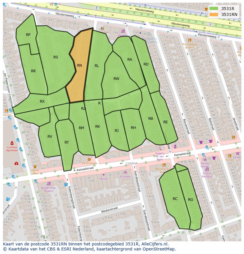 Afbeelding van het postcodegebied 3531 RN op de kaart.