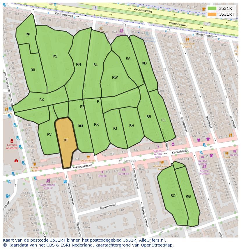 Afbeelding van het postcodegebied 3531 RT op de kaart.