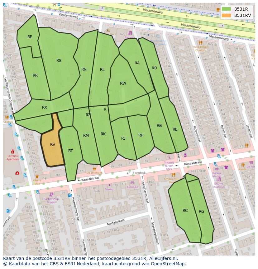 Afbeelding van het postcodegebied 3531 RV op de kaart.