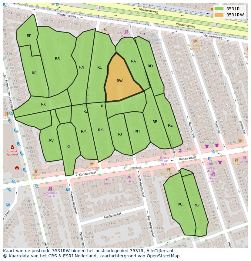 Afbeelding van het postcodegebied 3531 RW op de kaart.