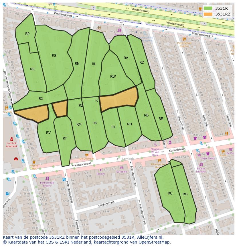 Afbeelding van het postcodegebied 3531 RZ op de kaart.