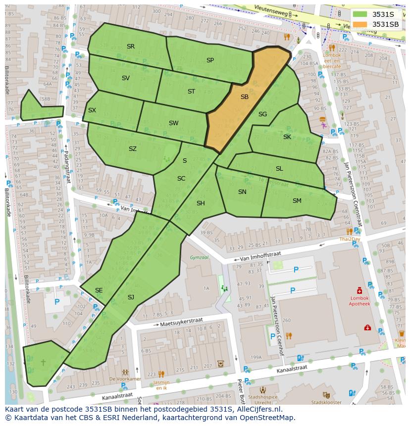 Afbeelding van het postcodegebied 3531 SB op de kaart.