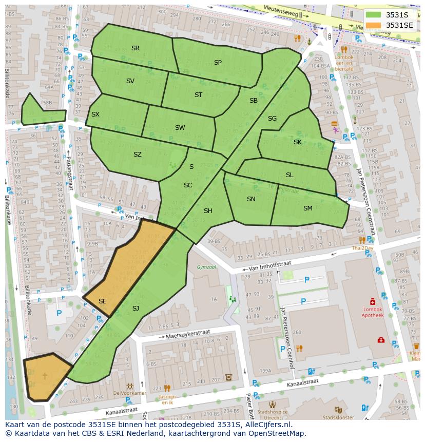 Afbeelding van het postcodegebied 3531 SE op de kaart.