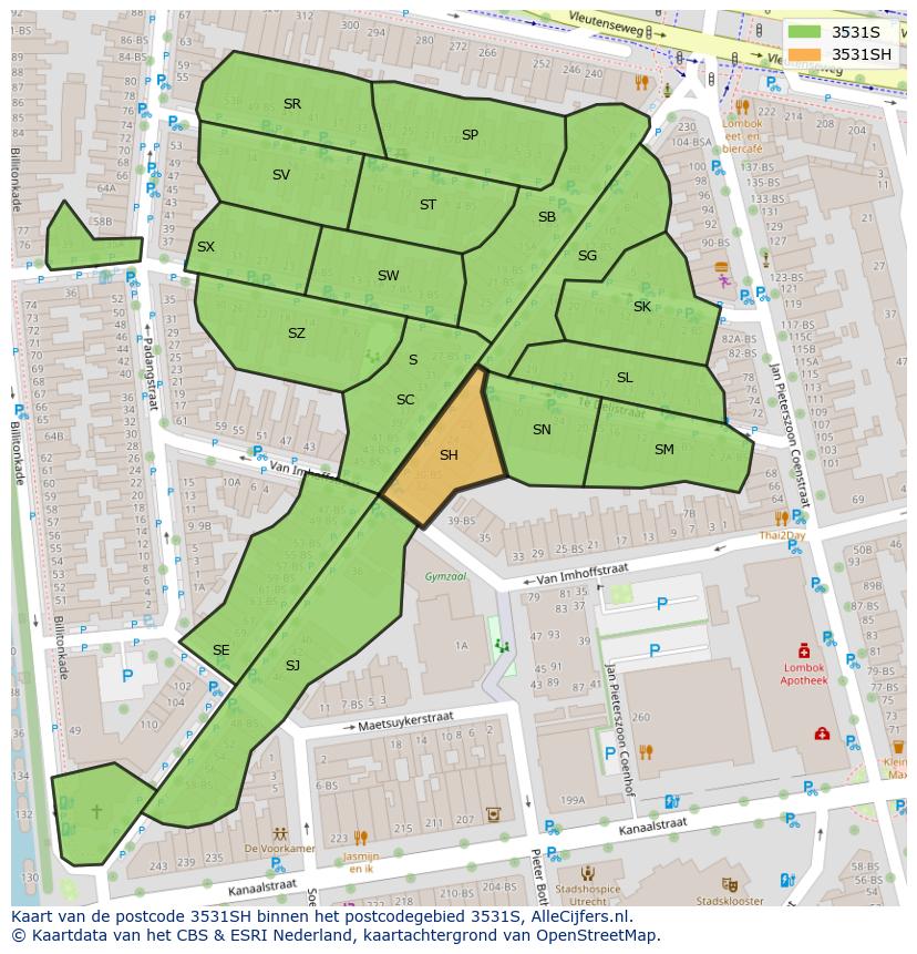 Afbeelding van het postcodegebied 3531 SH op de kaart.