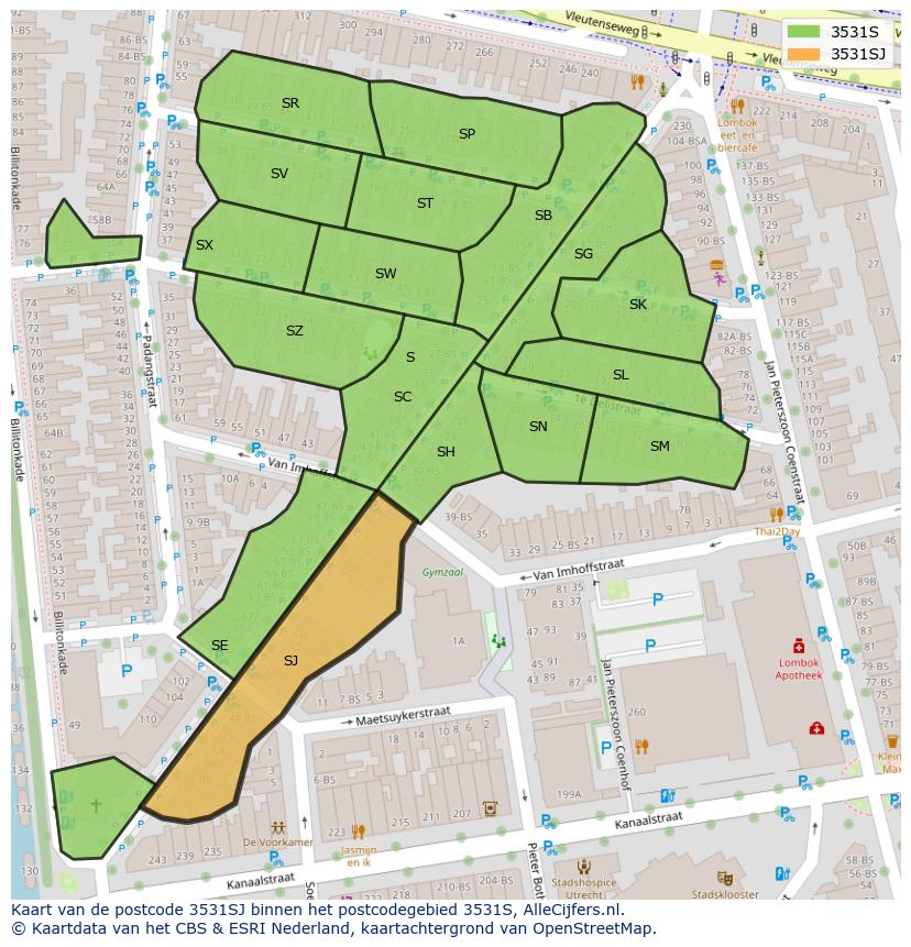 Afbeelding van het postcodegebied 3531 SJ op de kaart.