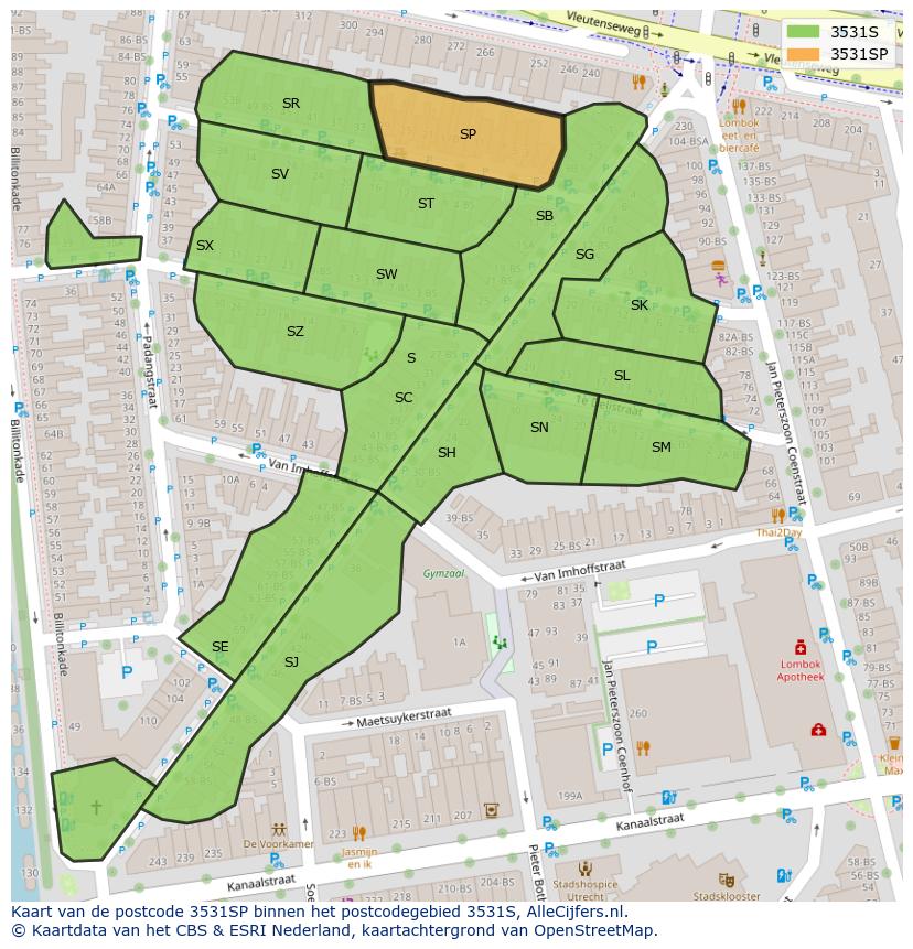 Afbeelding van het postcodegebied 3531 SP op de kaart.
