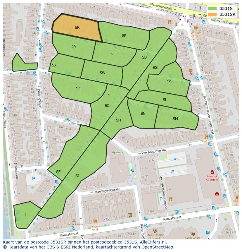 Afbeelding van het postcodegebied 3531 SR op de kaart.