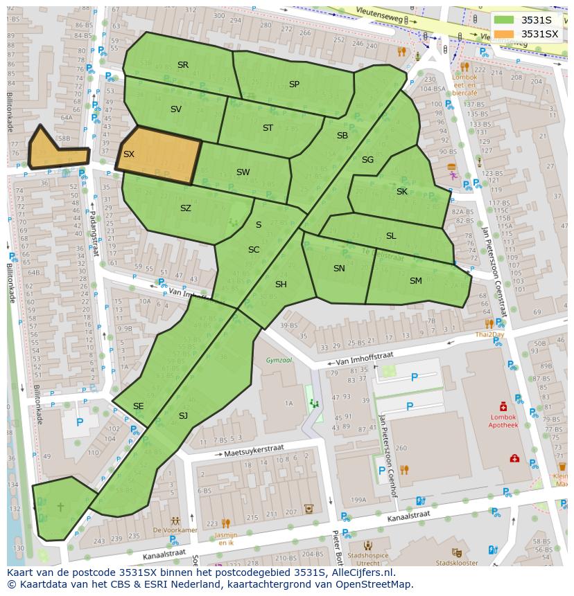 Afbeelding van het postcodegebied 3531 SX op de kaart.