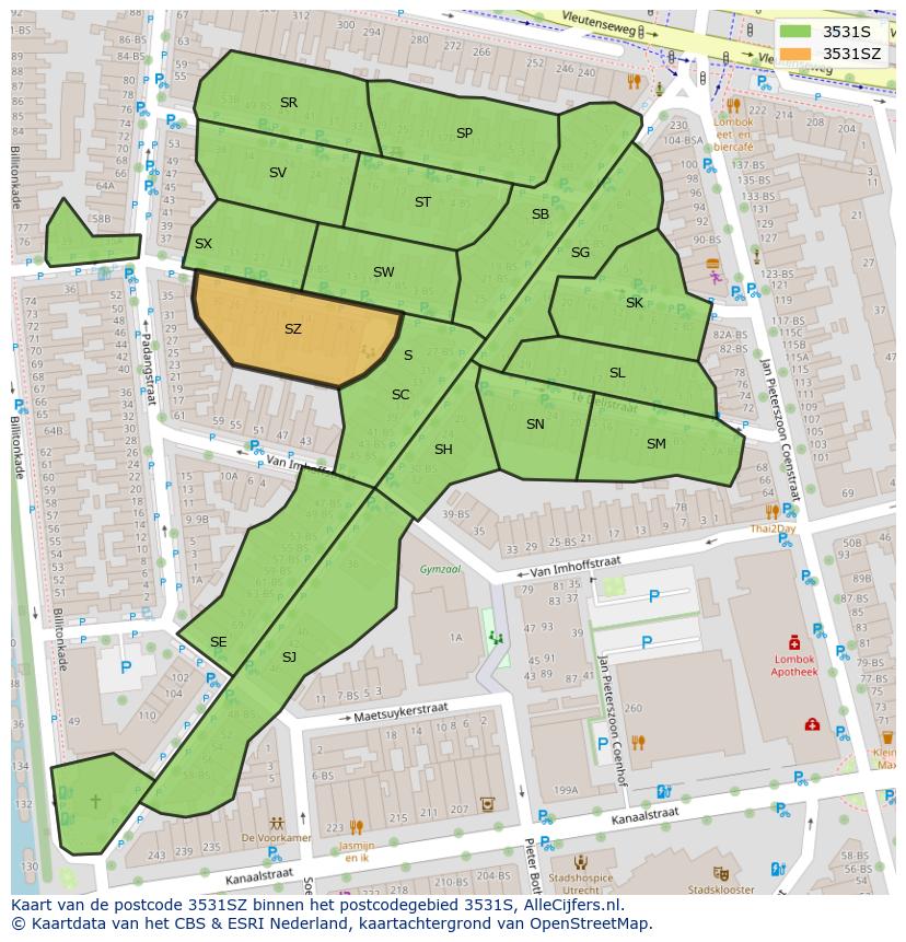Afbeelding van het postcodegebied 3531 SZ op de kaart.