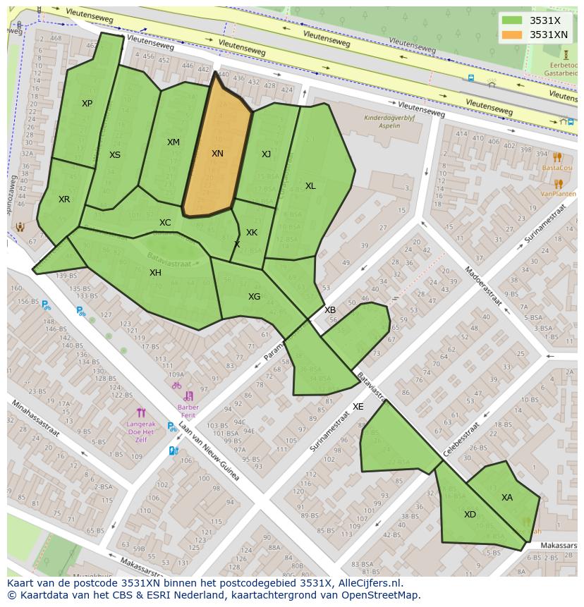 Afbeelding van het postcodegebied 3531 XN op de kaart.