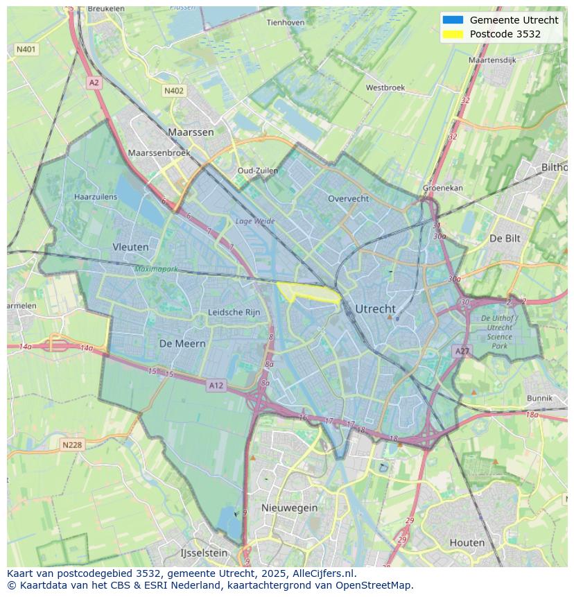 Afbeelding van het postcodegebied 3532 op de kaart.