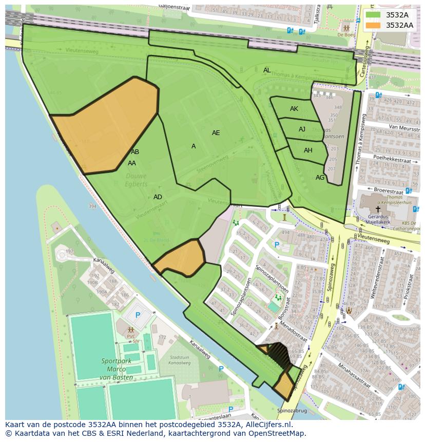 Afbeelding van het postcodegebied 3532 AA op de kaart.