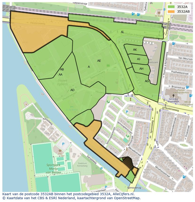 Afbeelding van het postcodegebied 3532 AB op de kaart.