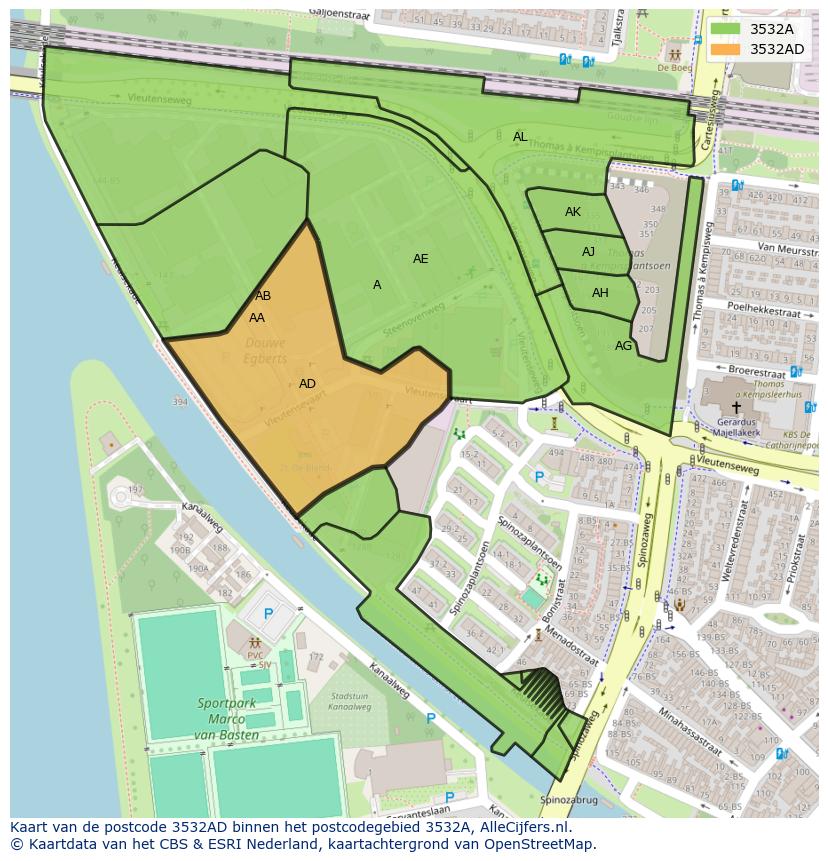 Afbeelding van het postcodegebied 3532 AD op de kaart.