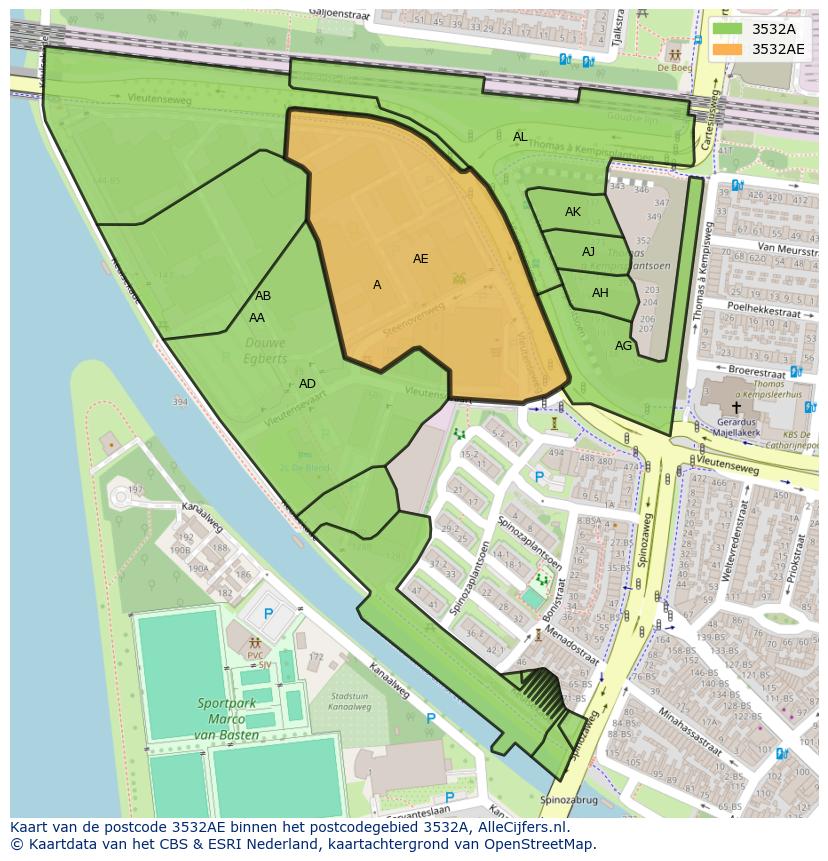 Afbeelding van het postcodegebied 3532 AE op de kaart.