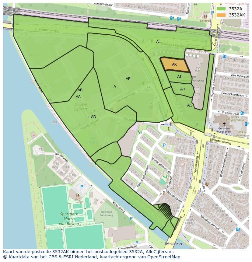 Afbeelding van het postcodegebied 3532 AK op de kaart.