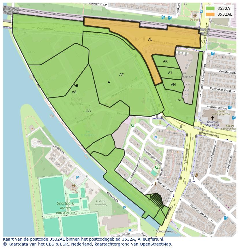 Afbeelding van het postcodegebied 3532 AL op de kaart.