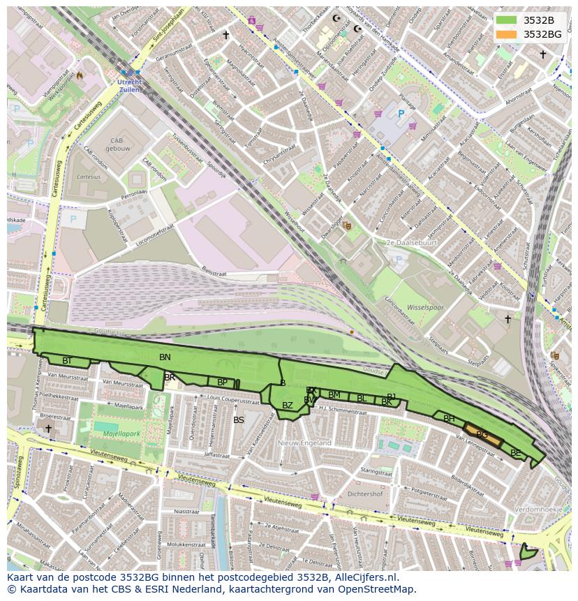 Afbeelding van het postcodegebied 3532 BG op de kaart.