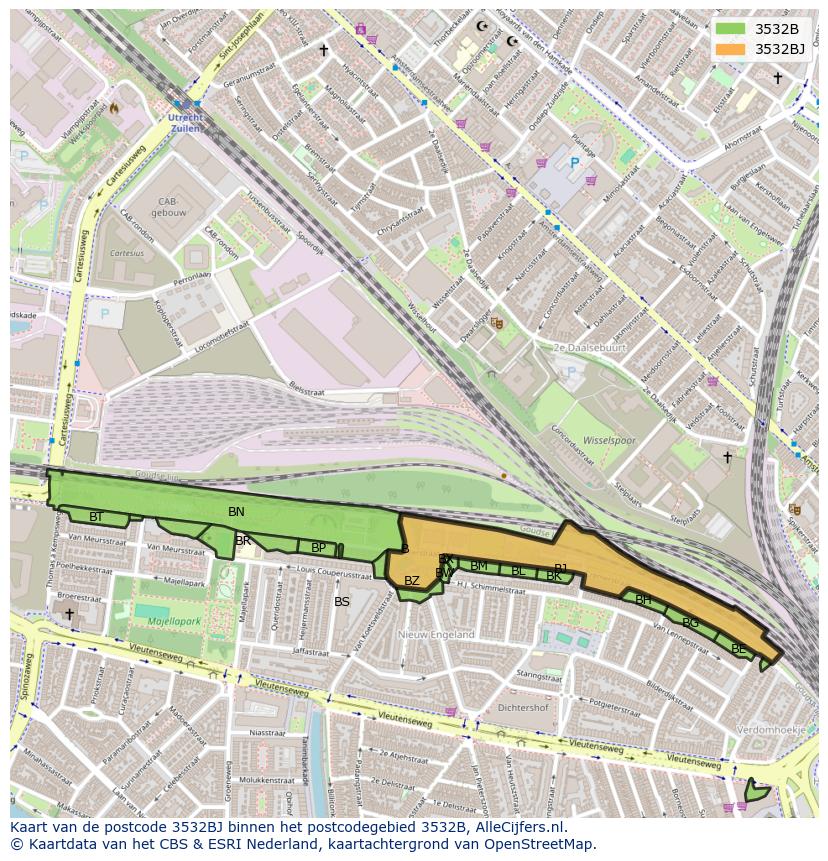 Afbeelding van het postcodegebied 3532 BJ op de kaart.
